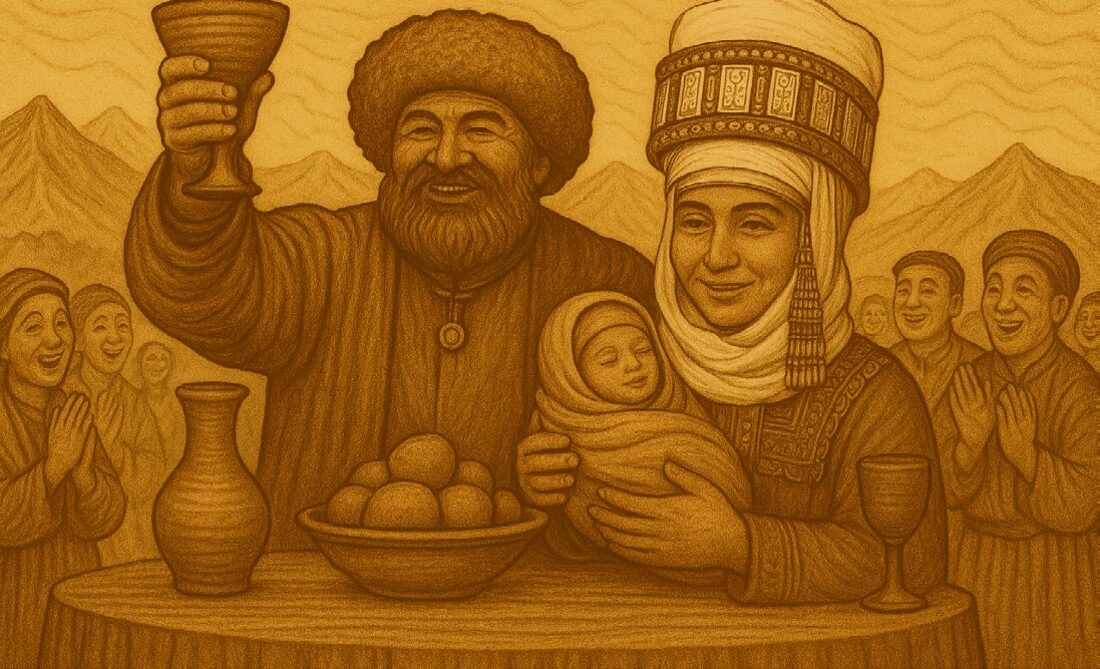 AI-animation still — a feast, engraved style