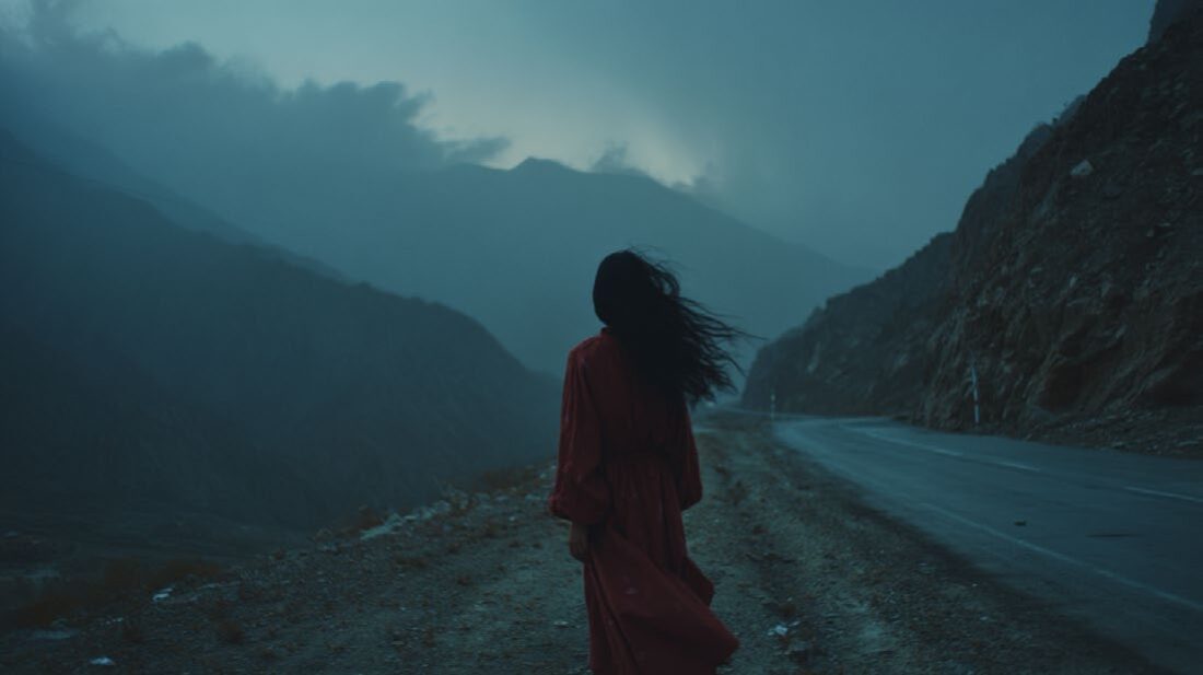 AI-animation still — a woman in red on a mountain road at dusk