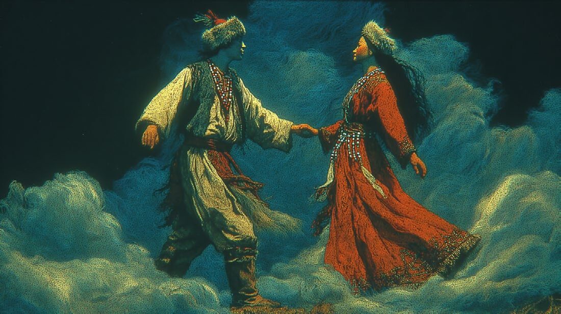 AI-animation still — dancers in the clouds